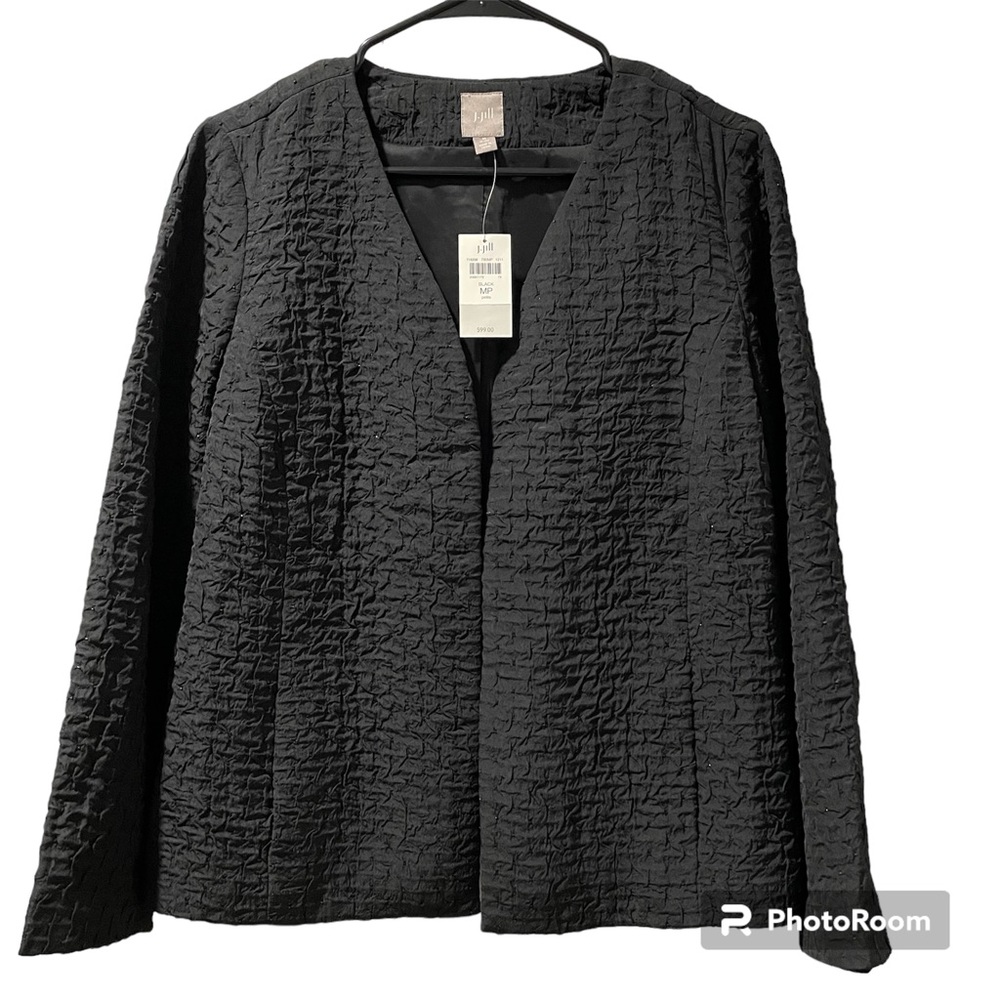 J Jill Women’s Collarless Open Front Textured Black Embellished with SmallSequin